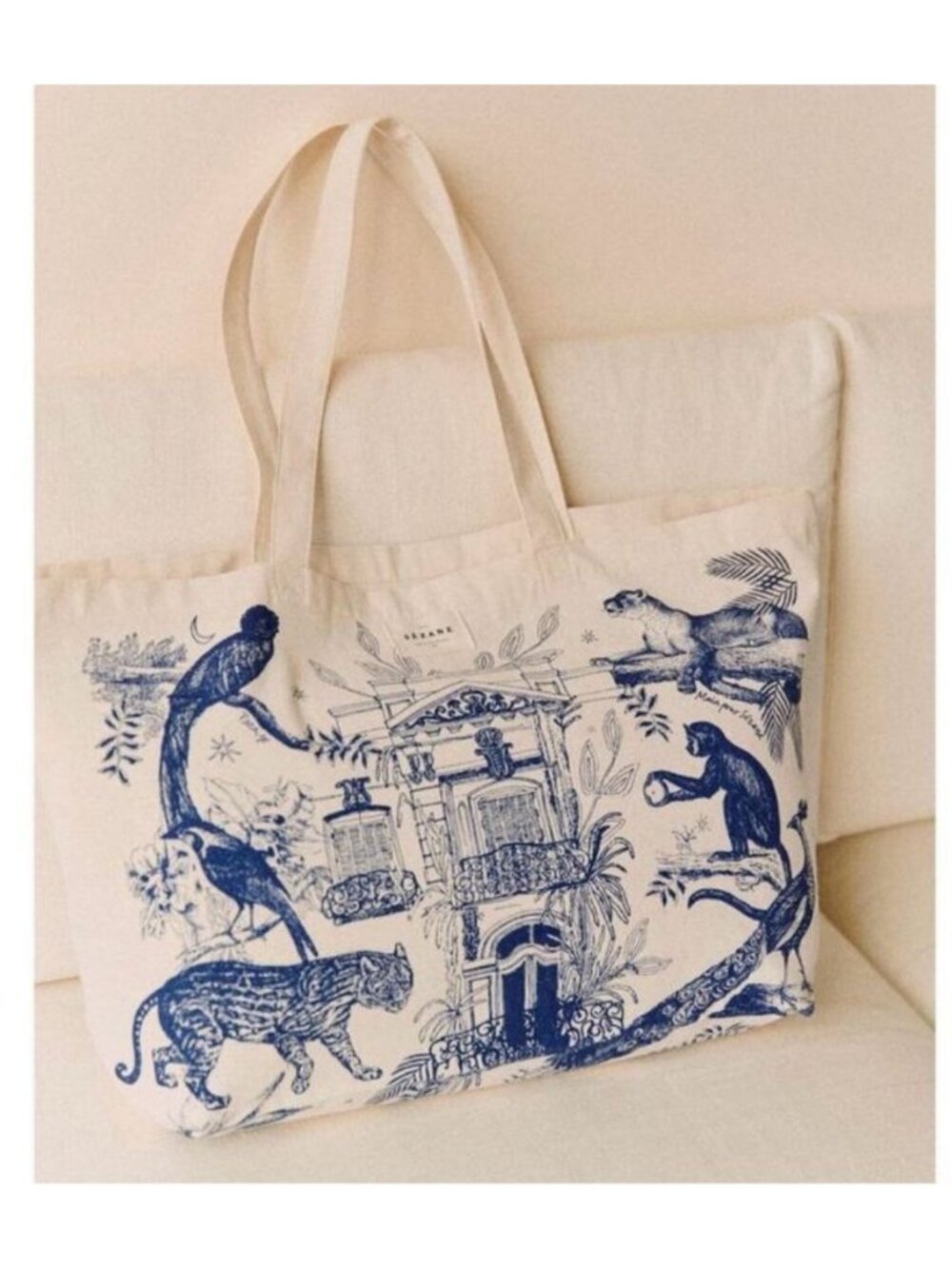 Sezane Paris Limited Edition Canvas Paraiso Tote Bag Blue Cream